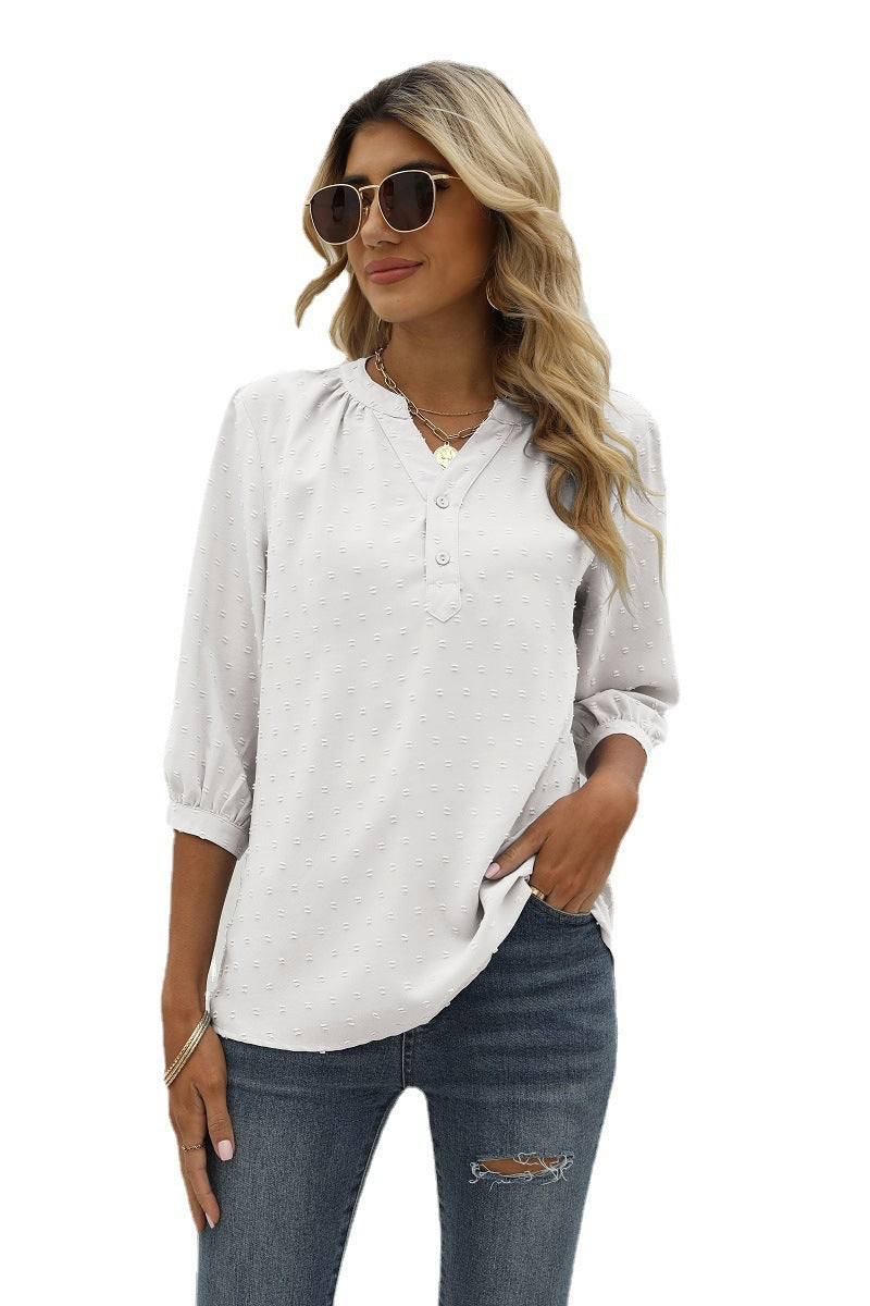 Swiss Dot Notched Neck Three-Quarter Sleeve Blouse Fitggins