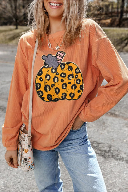 Pumpkin Round Neck Long Sleeve Sweatshirt - Sweatshirts & Hoodies - FITGGINS