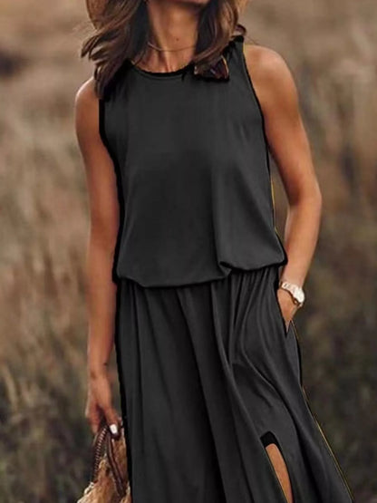 Full Size Round Neck Sleeveless Slit Maxi Dress Plus Size Fitggins