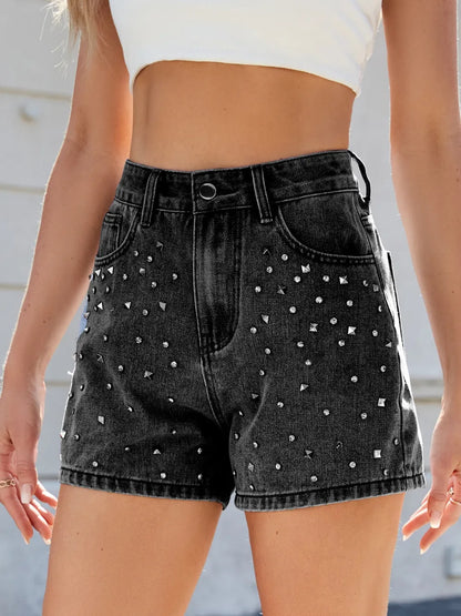 Rhinestone Washed High Waist Denim Shorts Fitggins