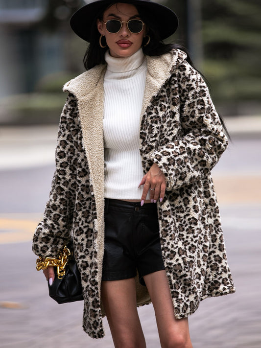 Shiny Leopard Hooded Coat with Pockets Leopard Fitggins