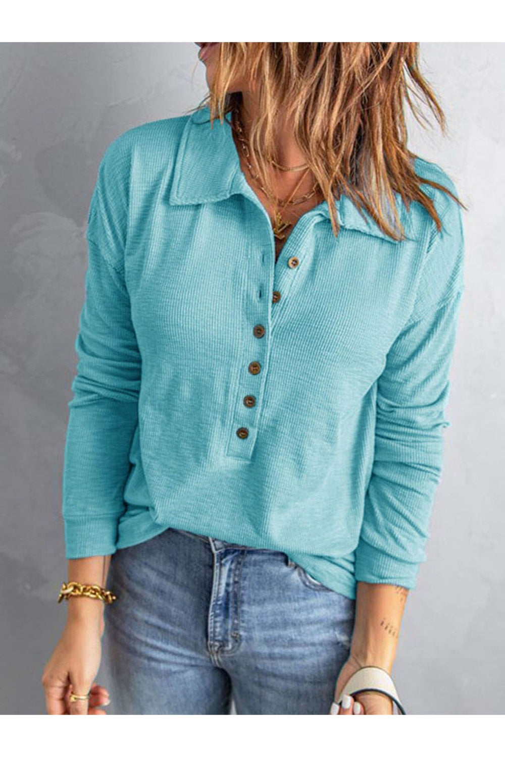 Collared Neck Half Button Top - Blouses - FITGGINS