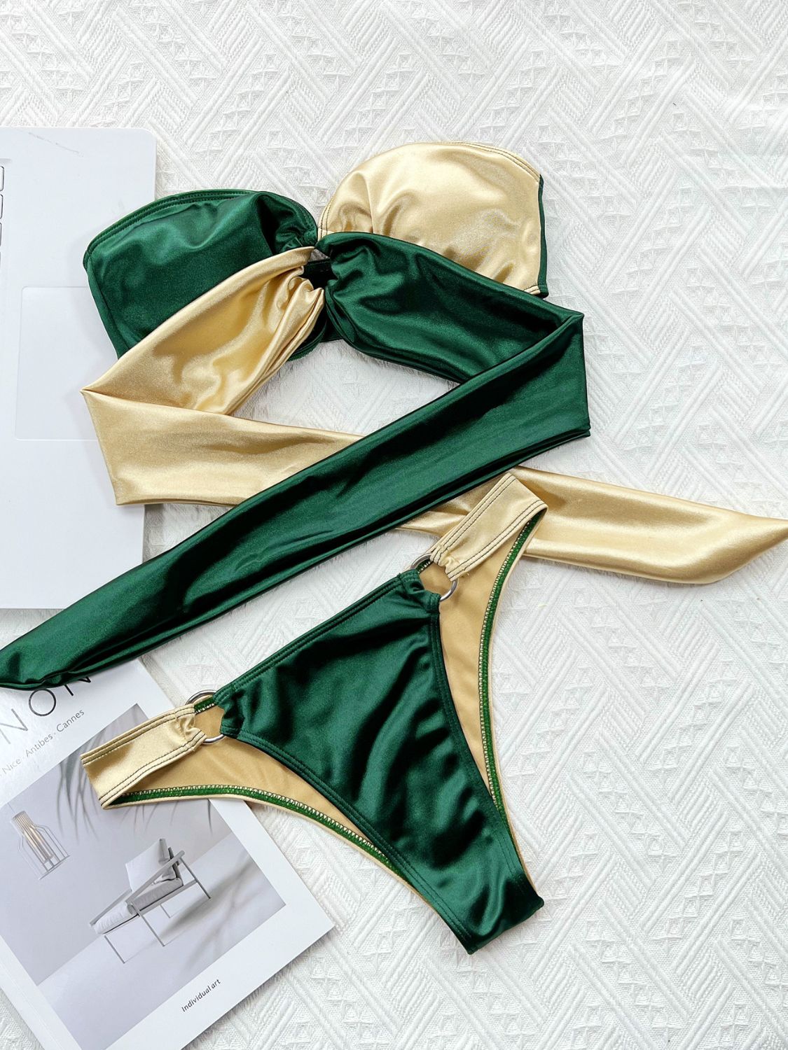 Two-Tone Ring Detail Tied Bikini Set Forest Fitggins