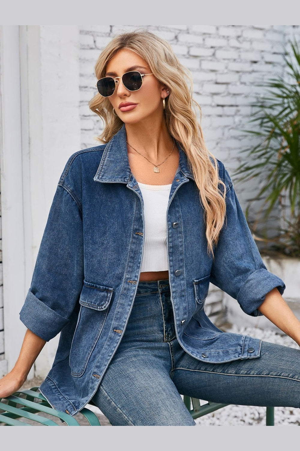 Button Up Long Sleeve Denim Jacket - Denim Jackets - FITGGINS