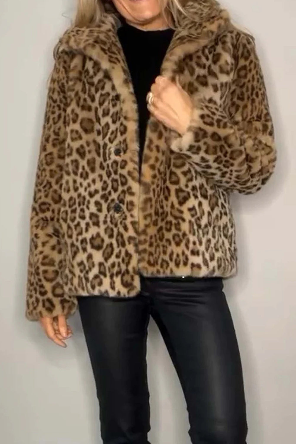 Full Size Leopard Furry Collared Neck Long Sleeve Coat - Jackets - FITGGINS