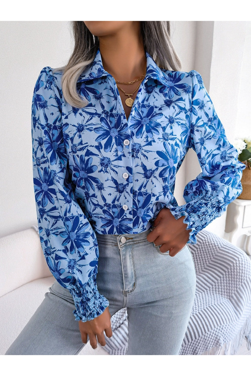 Floral Collared Neck Long Sleeve Shirt - Shirts - FITGGINS