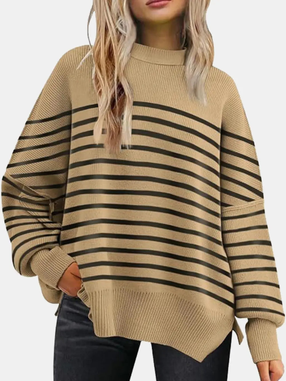 Round Neck Drop Shoulder Slit Sweater Camel Fitggins