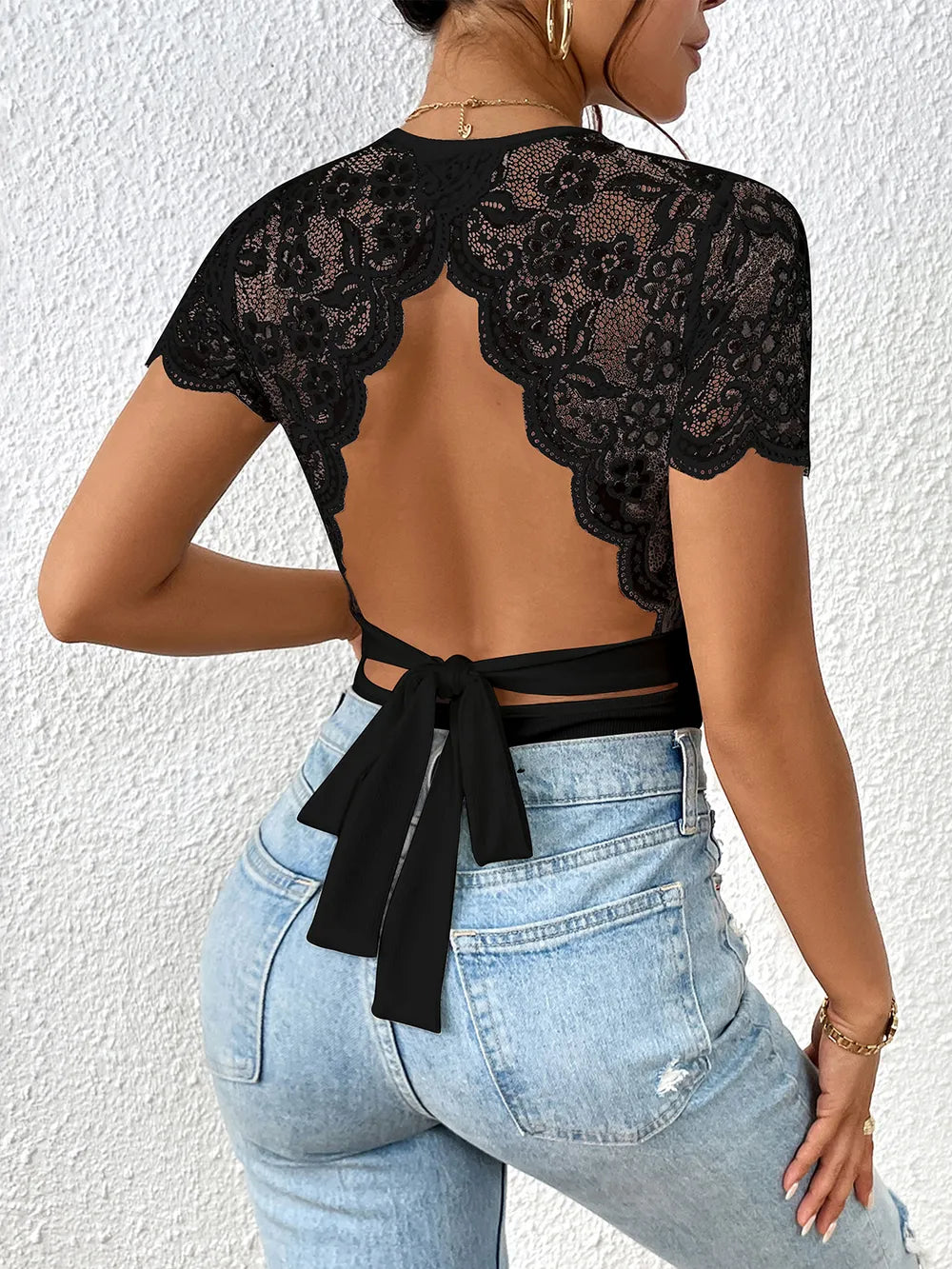 Perfee Lace Backless Round Neck Bodysuit Fitggins
