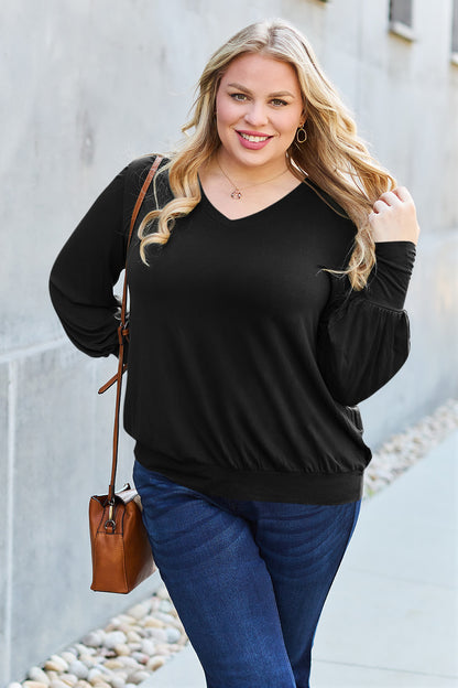 Basic Bae Full Size V-Neck Lantern Sleeve Top - T-Shirts - FITGGINS