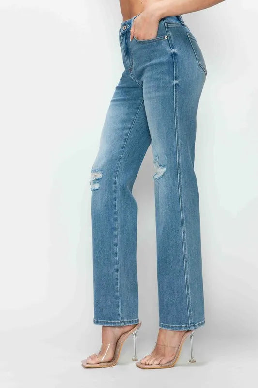 bytos Full Size Distressed High Rise Straight Jeans Fitggins
