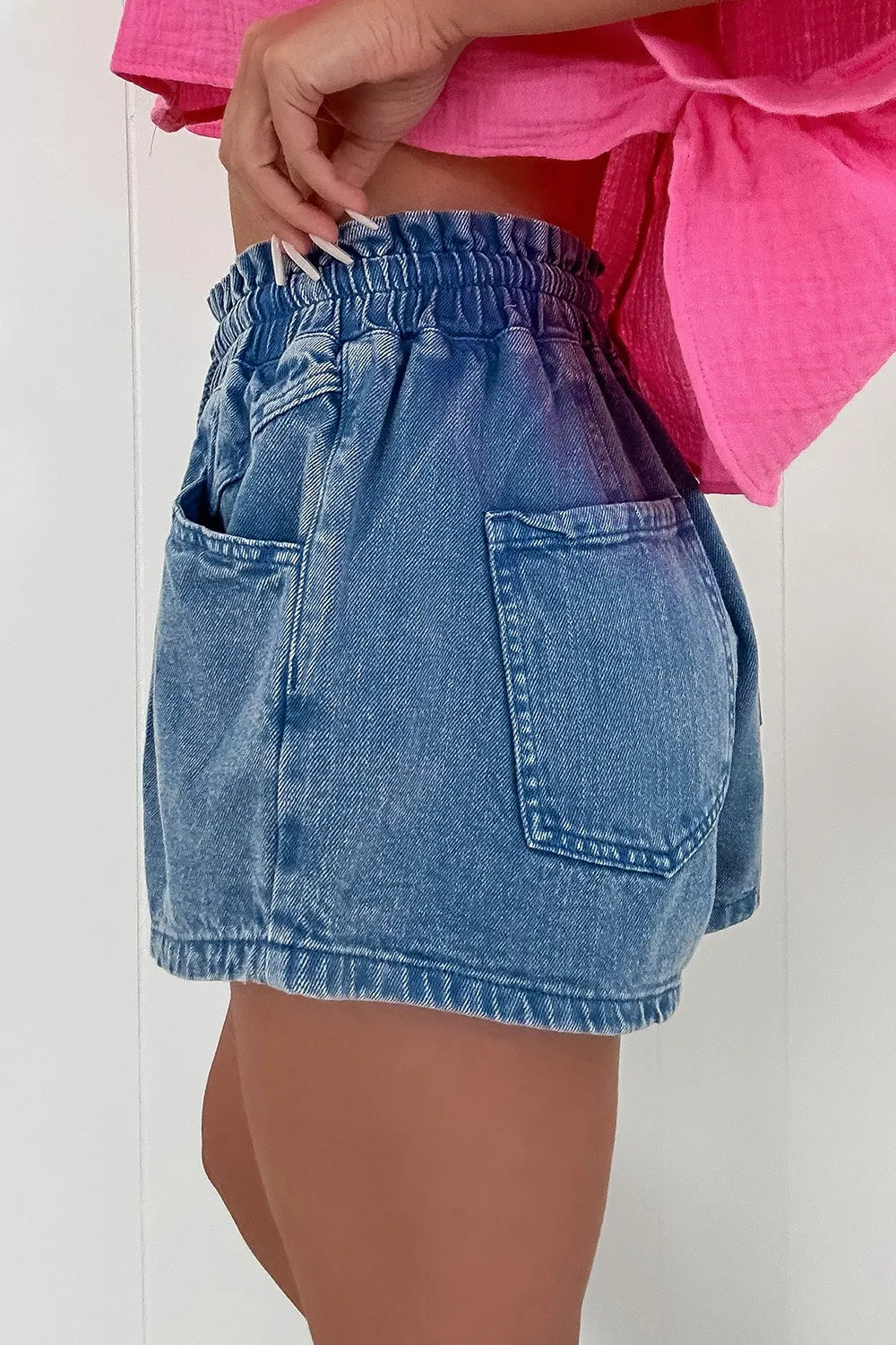 Drawstring High Waist Denim Shorts with Pockets Fitggins