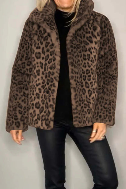 Full Size Leopard Furry Collared Neck Long Sleeve Coat - Jackets - FITGGINS