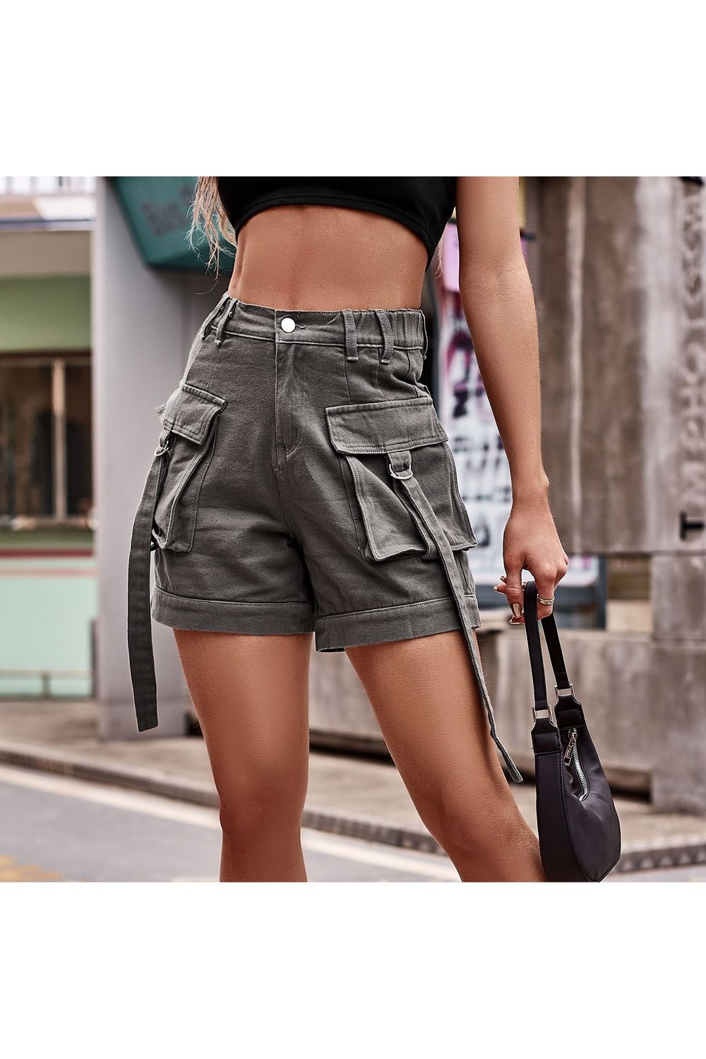 High Waist Denim Cargo Shorts - Denim Shorts - FITGGINS