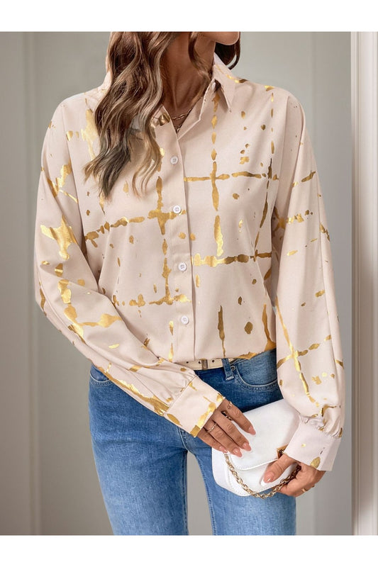 Perfee Printed Collared Neck Long Sleeve Shirt - Shirts - FITGGINS