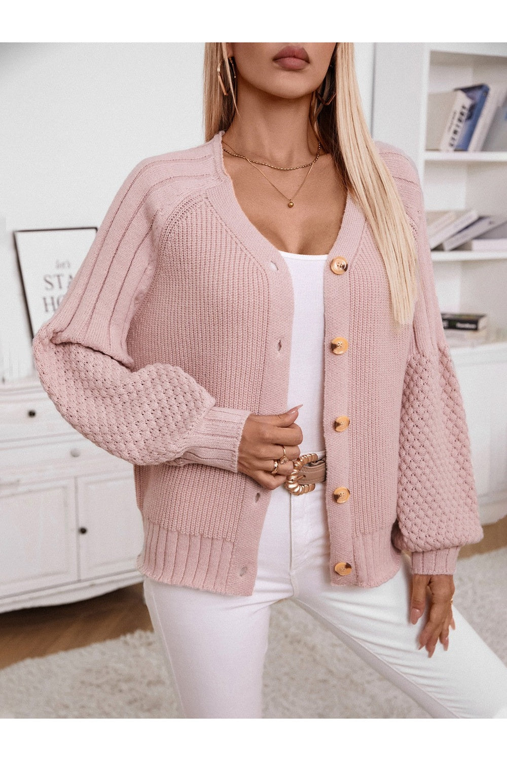 V-Neck Button Up Raglan Sleeve Cardigan - Cardigans - FITGGINS