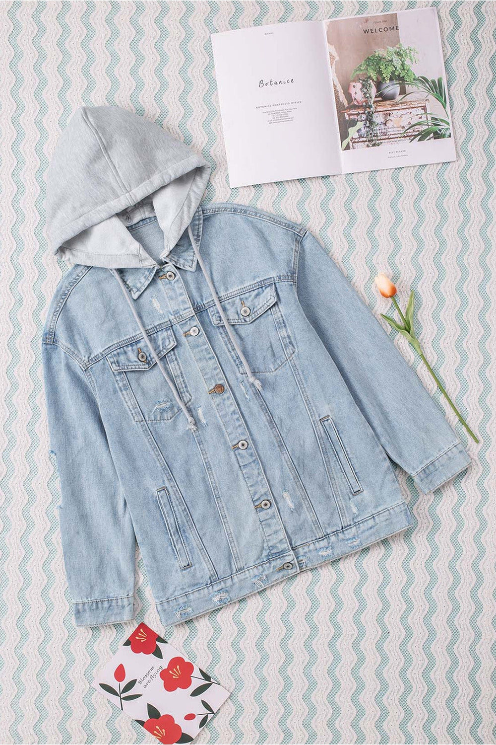 Distressed Hooded Denim Jacket - Denim Jackets - FITGGINS