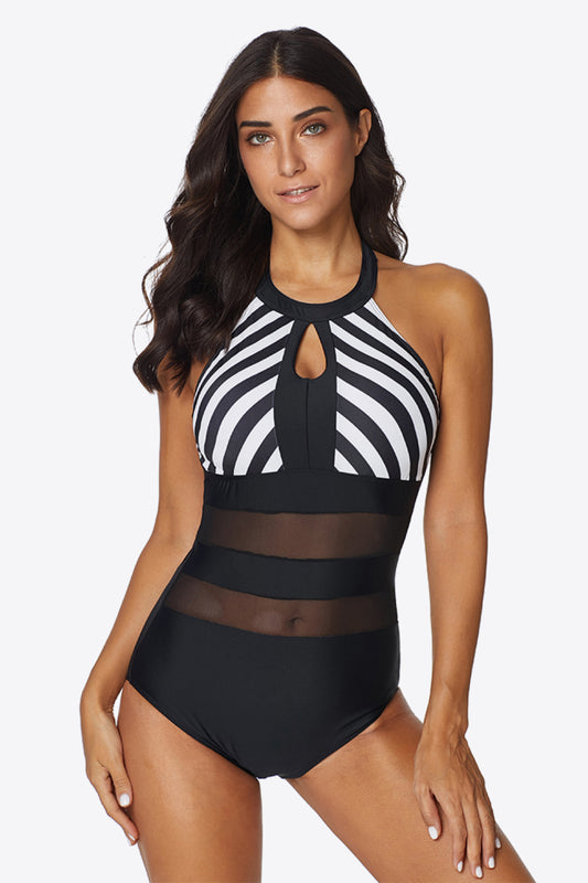 Striped Cutout Spliced Mesh Halter Neck One-Piece Swimsuit - Swimwear One-Pieces - FITGGINS