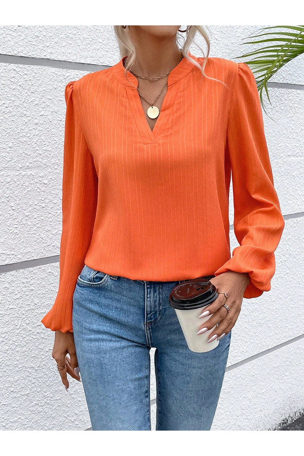 Notched Balloon Sleeve Blouse - Blouses - FITGGINS