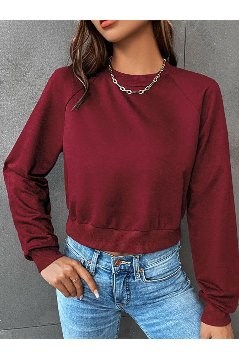 Perfee Raglan Sleeve Round Neck Cropped Sweatshirt - Sweatshirts & Hoodies - FITGGINS