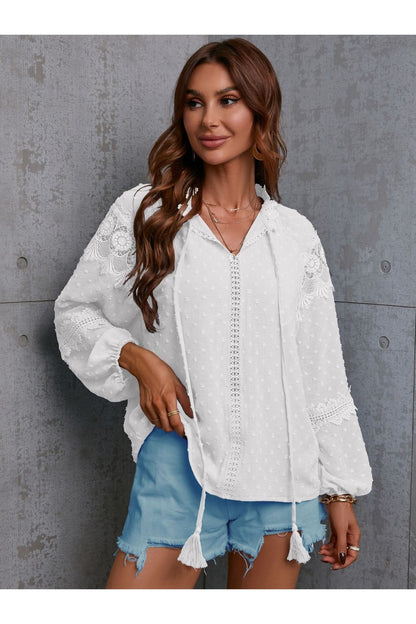 Crochet Tassel Tie Neck Long Sleeve Blouse - Blouses - FITGGINS