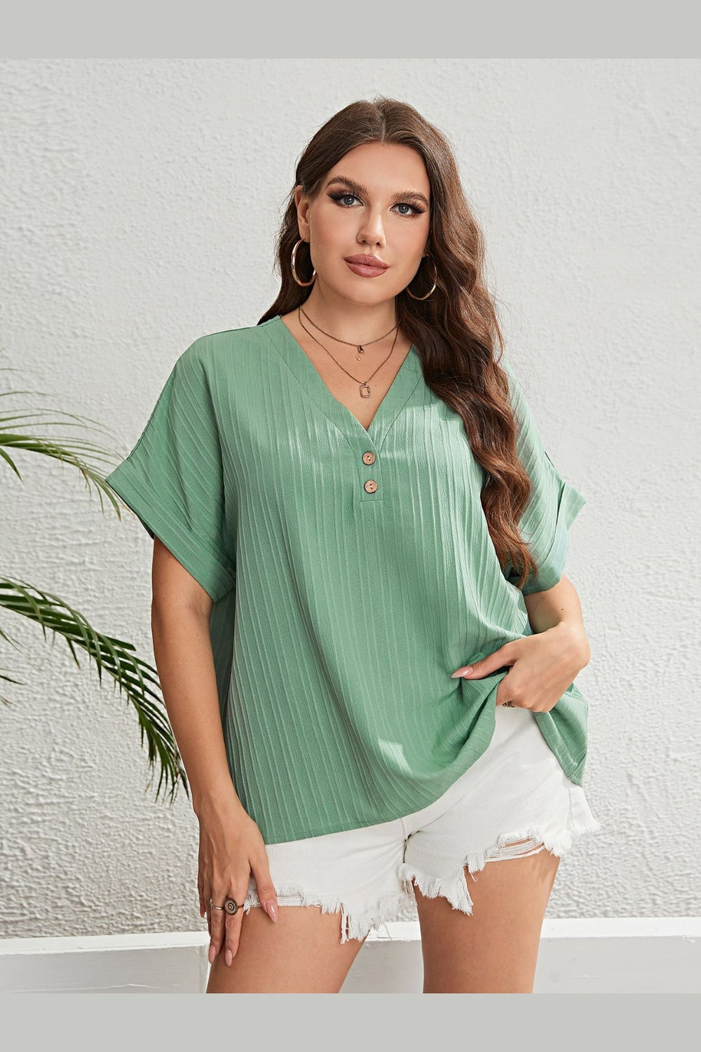 Honey Plus Size Buttoned V-Neck Short Sleeve Top - Blouses - FITGGINS