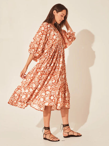 Floral Tie Neck Lantern Sleeve Dress Fitggins