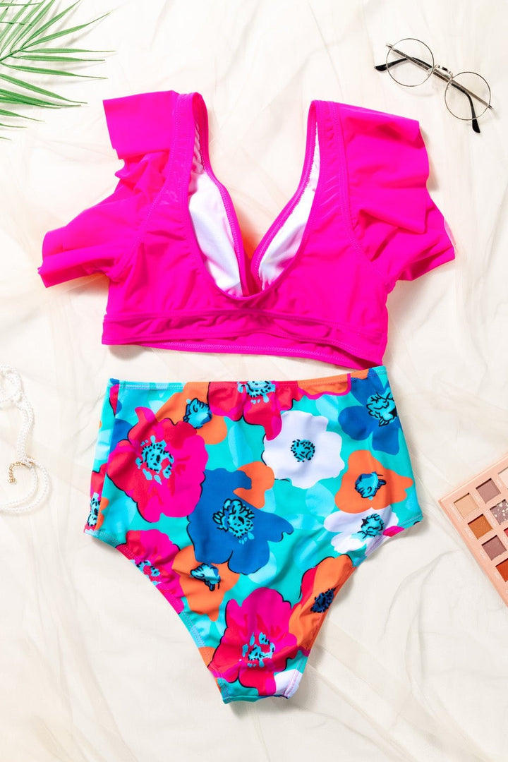 Cropped Swim Top and Floral Bottoms Set - Bikinis & Tankinis - FITGGINS