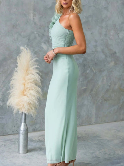 One-Shoulder Floral Trim Sleeveless Maxi Dress Fitggins