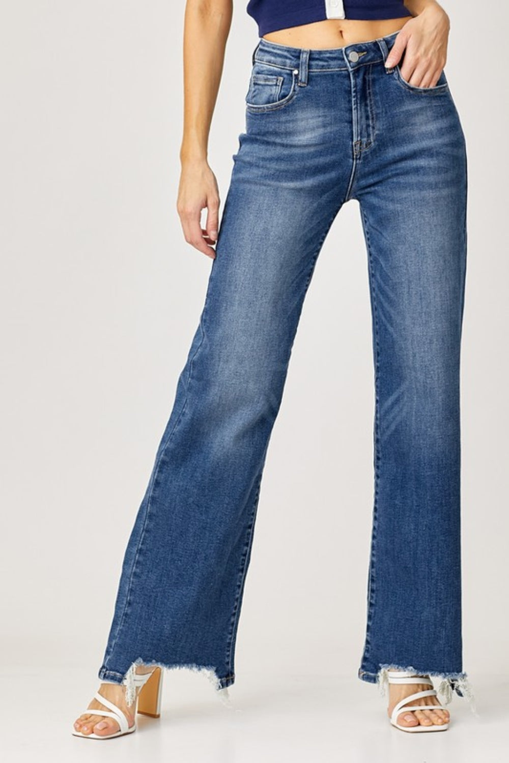 Risen Full Size High Rise Frayed Hem Wide Leg Jeans - Jeans - FITGGINS