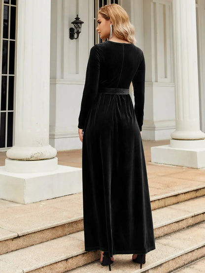 Tie Front Round Neck Long Sleeve Maxi Dress Fitggins