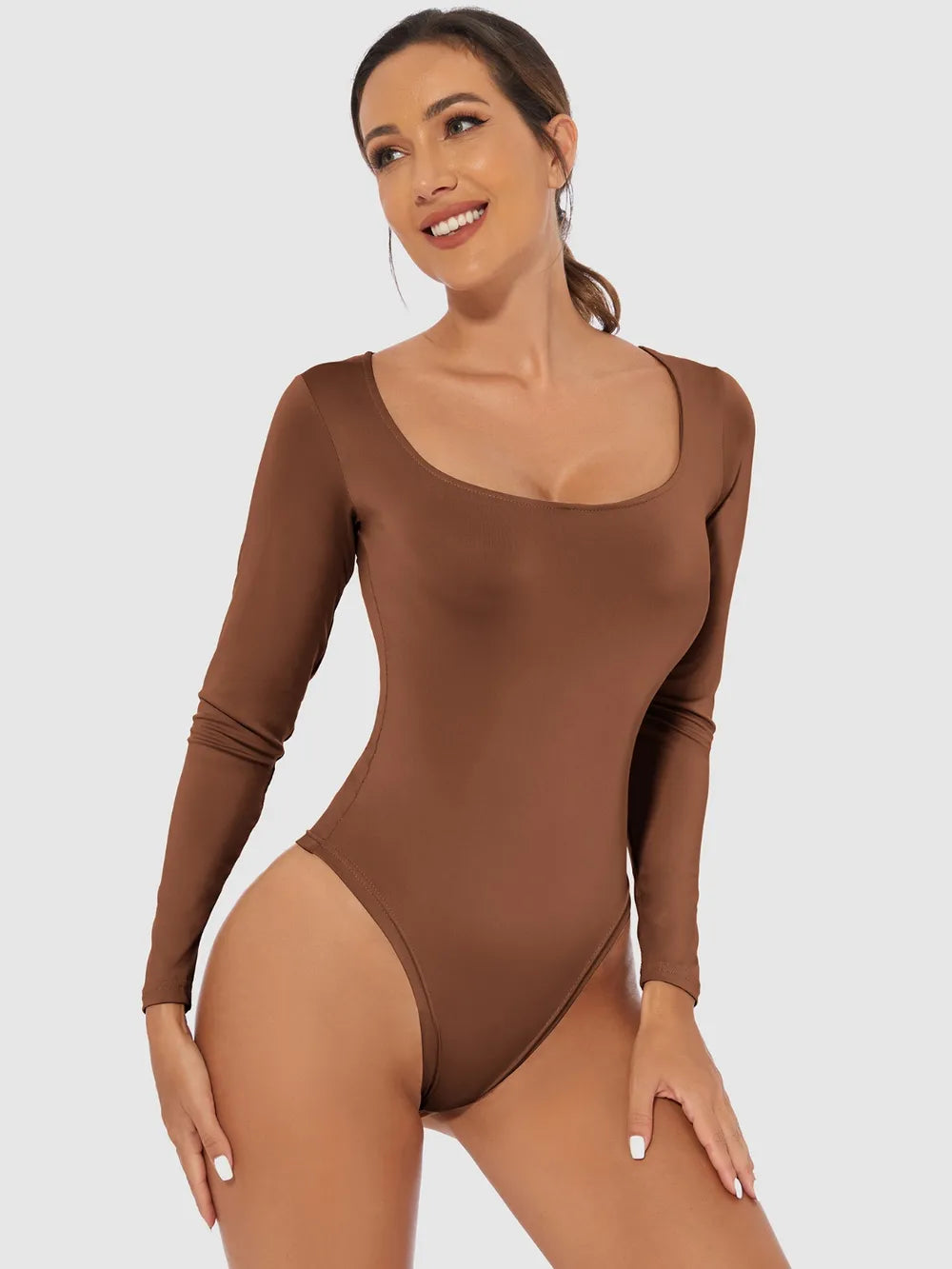 Full Size Scoop Neck Long Sleeve Bodysuit Brown Fitggins