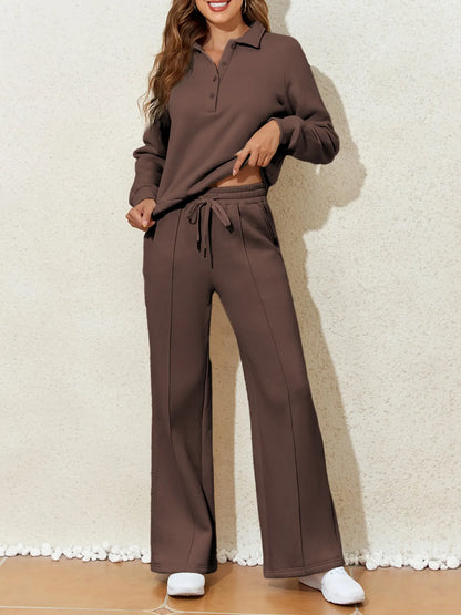Collared Sweatshirt and High Waist Pants Active Set Brown Fitggins
