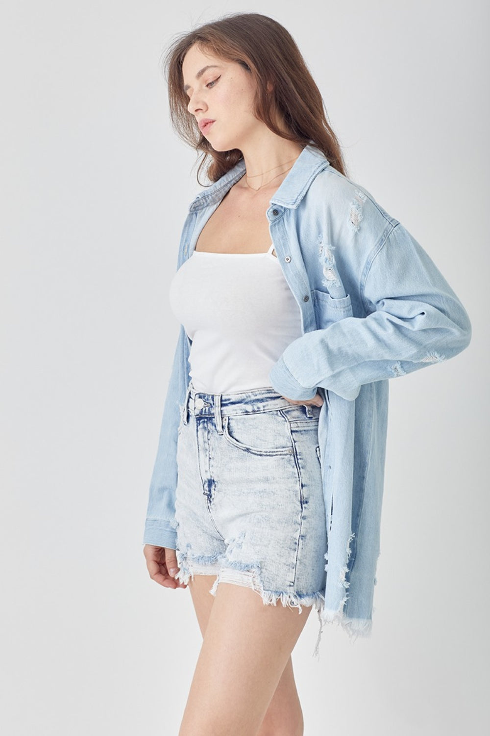 RISEN Raw Hem Distressed High Rise Denim Shorts - Denim Shorts - FITGGINS