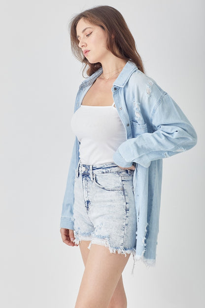 RISEN Raw Hem Distressed High Rise Denim Shorts - Denim Shorts - FITGGINS