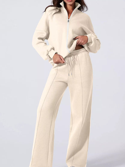 Drop Shoulder Zip Up Jacket and Drawstring Pants Active 2pcs Set Fitggins