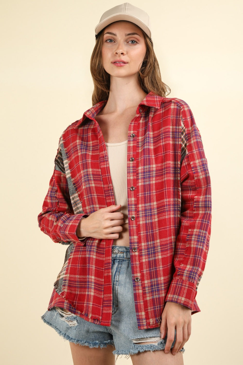 VERY J Contrast Plaid Raw Detail Shirt - Shirts - FITGGINS