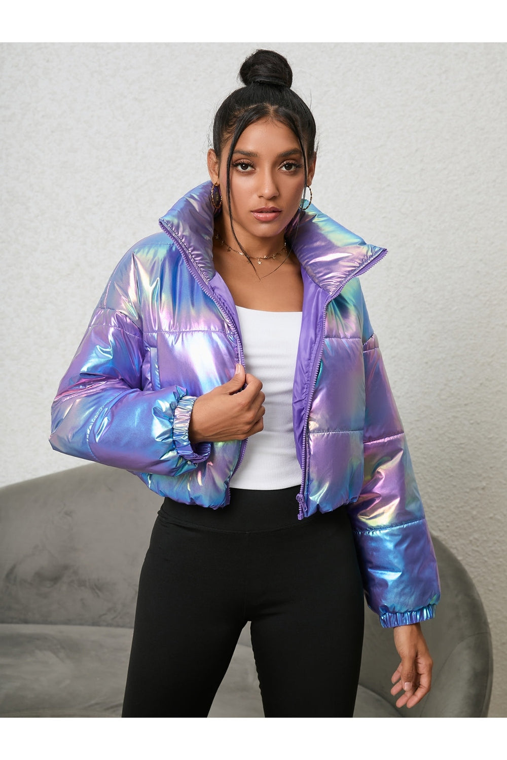 Gradient Zip-Up Collared Puffer Jacket - Jackets - FITGGINS