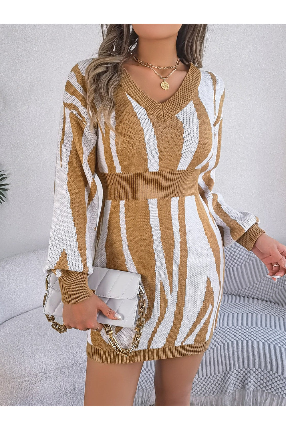 Animal Print V-Neck Long Sleeve Sweater Dress - Sweater Dresses - FITGGINS