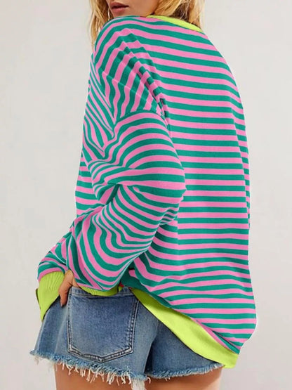 Striped Round Neck Dropped Shoulder Sweatshirt Fitggins