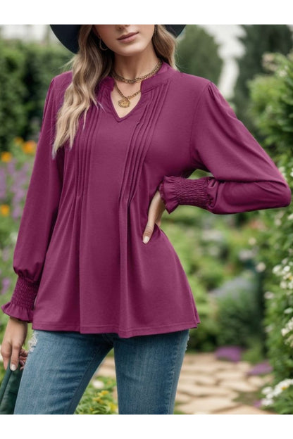Notched Smocked Flounce Sleeve Blouse Fitggins