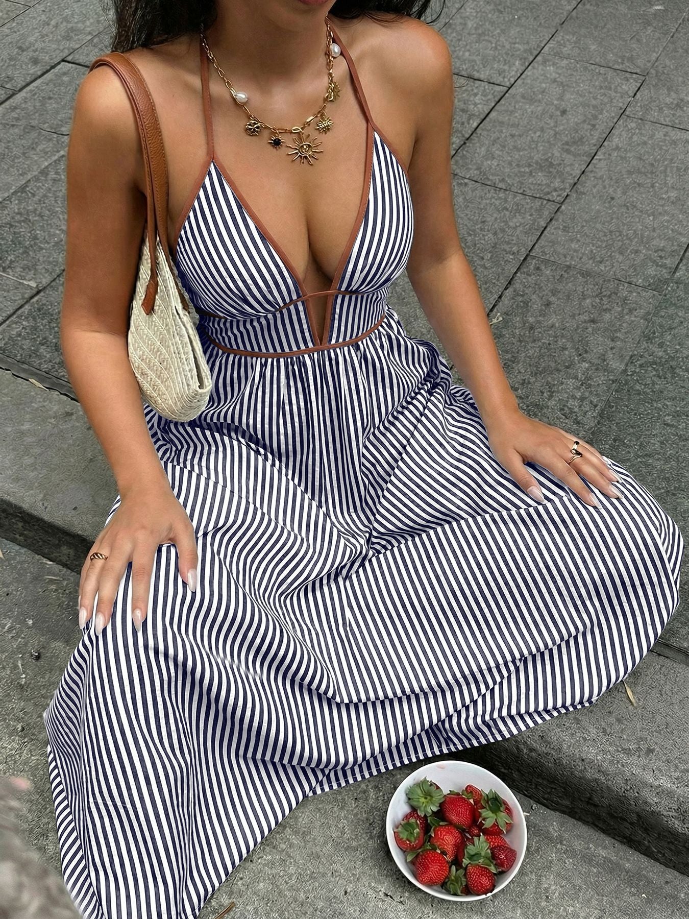 Striped Halter Neck Maxi Dress Fitggins