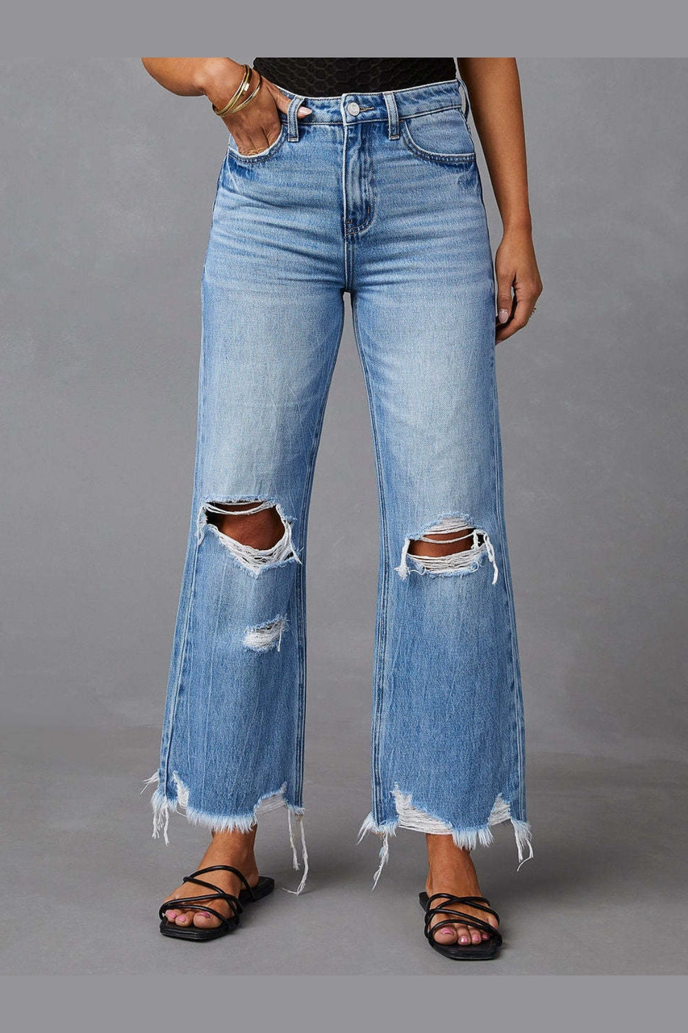 Distressed Raw Hem Jeans with Pockets - Jeans - FITGGINS