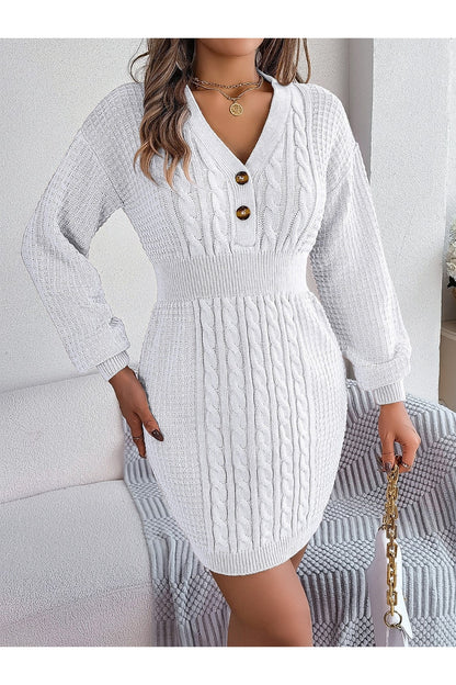 Buttoned Cable-Knit V-Neck Sweater Dress - Sweater Dresses - FITGGINS