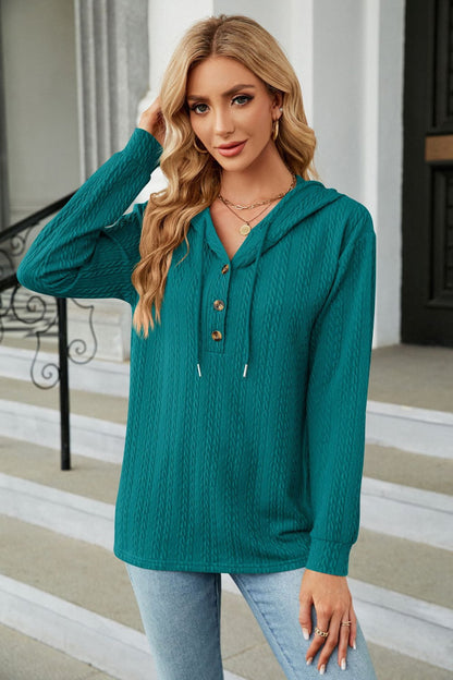 Cable-Knit Long Sleeve Hoodie Deep Teal Fitggins