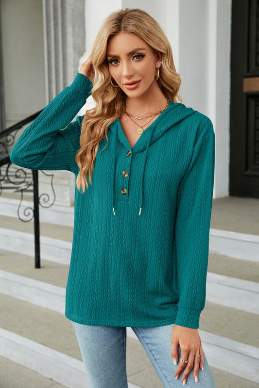 Cable-Knit Long Sleeve Hoodie Deep Teal Fitggins