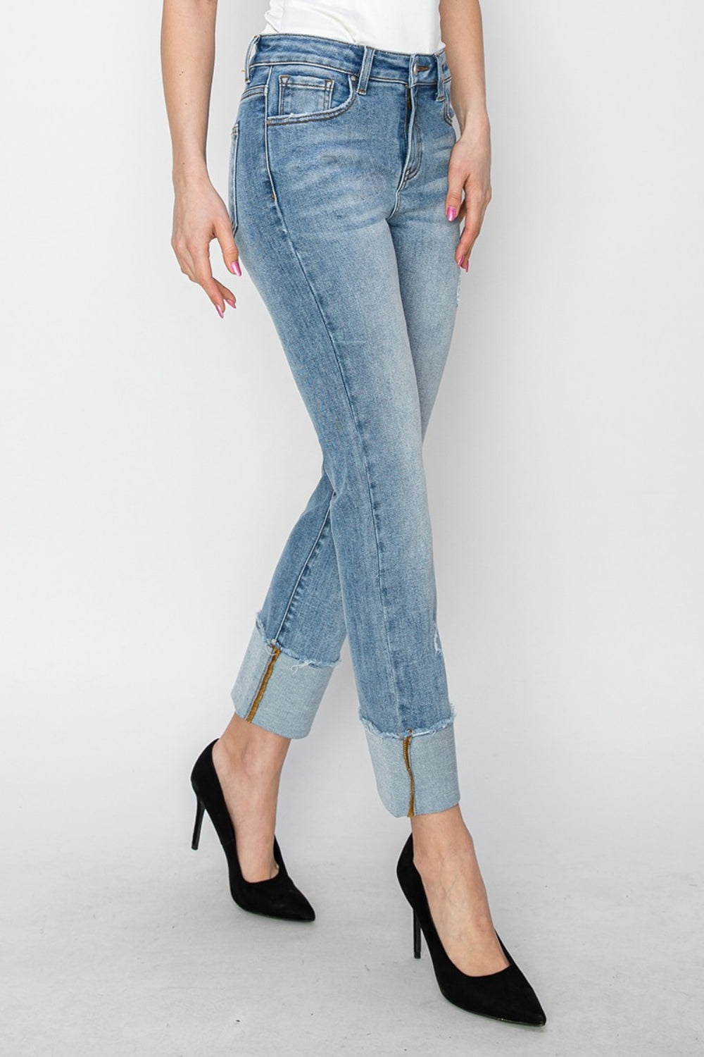 RISEN Full Size High Rise Cuffed Slim Straight Jeans - Jeans - FITGGINS