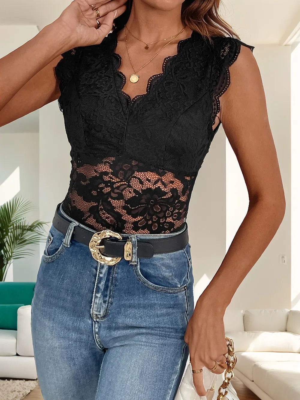 Perfee V-Neck Lace Bodysuit Fitggins