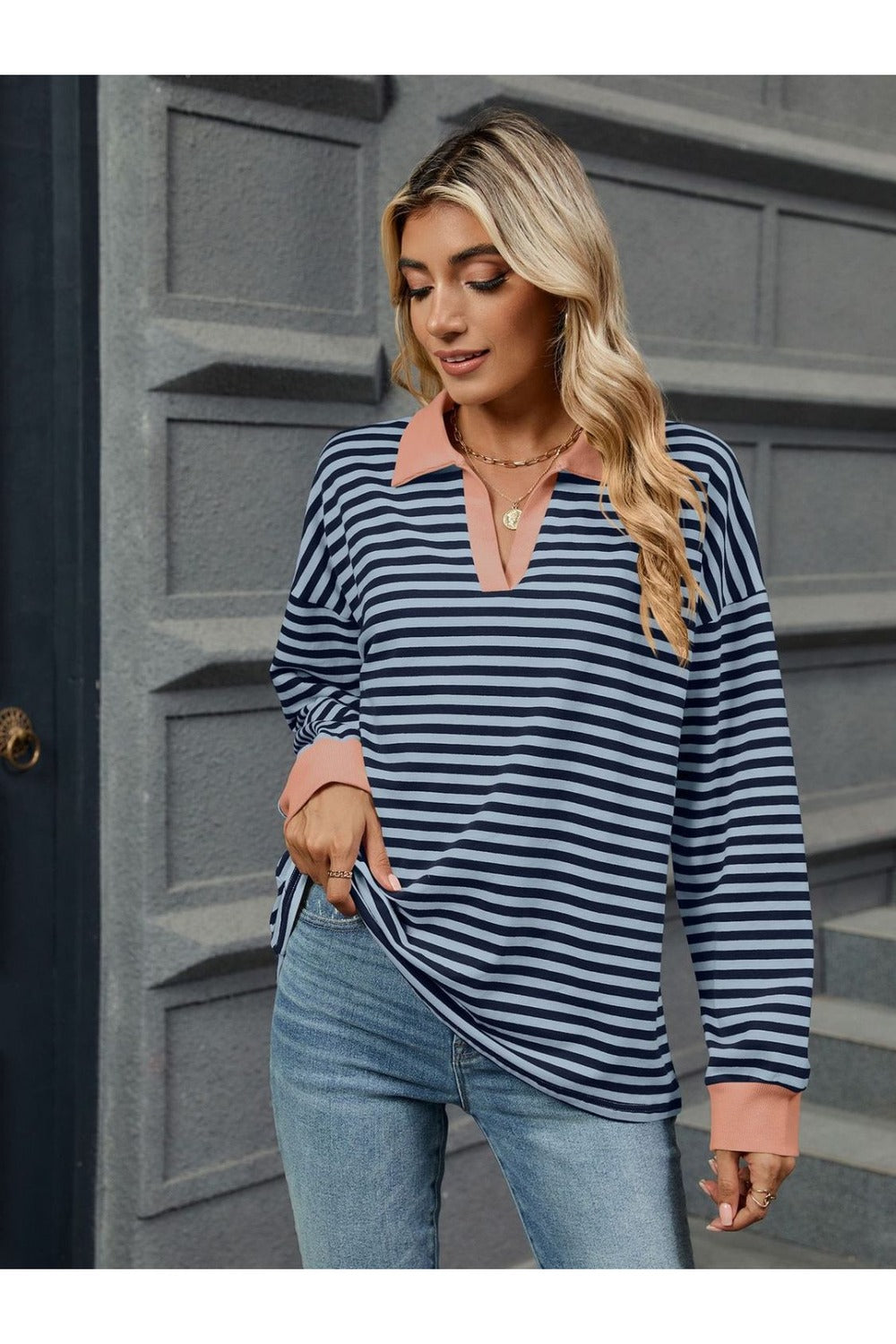 Striped Johnny Collar Long Sleeve Sweatshirt - Sweatshirts & Hoodies - FITGGINS