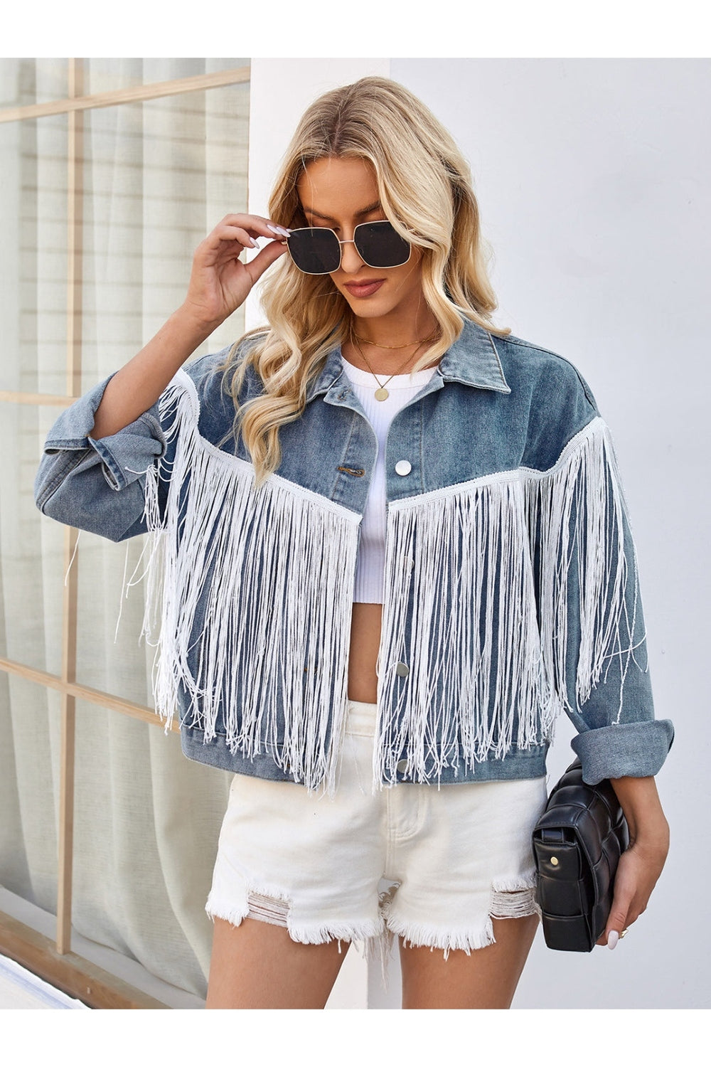 Tassel Button Up Dropped Shoulder Denim Jacket - Denim Jackets - FITGGINS