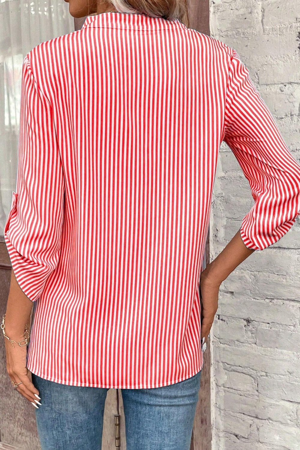 Striped Notched Roll-Tab Sleeve Shirt - Shirts - FITGGINS